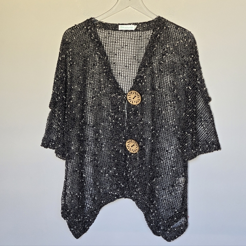 LULU-B Open Weave Mesh Cardigan Top Large Buttons Lagenlook Black Cream Size L